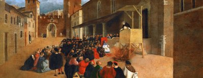 Sint Dominicus (1170-1221) predikend in Recanati door Lorenzo Lotto