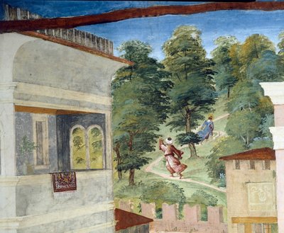 Heilige Barbara achtervolgd door bossen, Christus-Wijnstok en Legende van Heilige Barbara, (detail) door Lorenzo Lotto