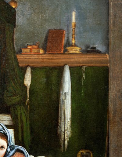 Plank met kandelaar en boeken (detail) door Lorenzo Lotto