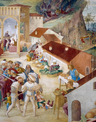 Soldaten, gewone mensen en markt, detail van Verhalen van Sint Barbara door Lorenzo Lotto
