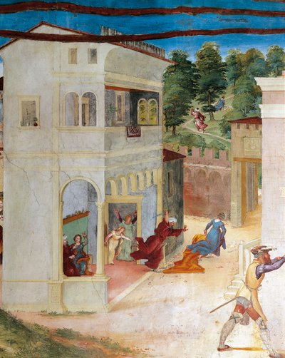 Sint Barbara aangevallen door haar vader, detail uit Christus-Wijnstok en Legende van Sint Barbara door Lorenzo Lotto door Lorenzo Lotto