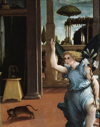 De Annunciatie (detail van de Engel) door Lorenzo Lotto