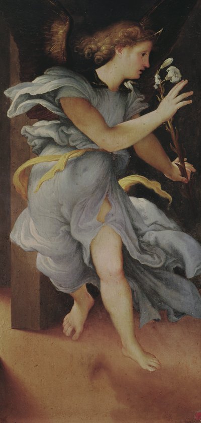 De Aartsengel Gabriël, linker paneel van de Aankondiging door Lorenzo Lotto