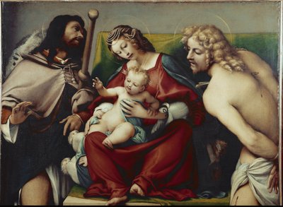 De Maagd en het Kind met St. Roch en St. Sebastian door Lorenzo Lotto