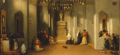 De roeping van Heilige Lucia, eerste paneel van predella van Altaarstuk van Heilige Lucia door Lorenzo Lotto