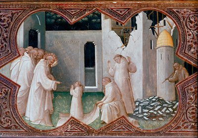 Altaarstuk van de kroning van de Maagd: Sint Benedictus van Nursia wekt een monnik op door Lorenzo Monaco