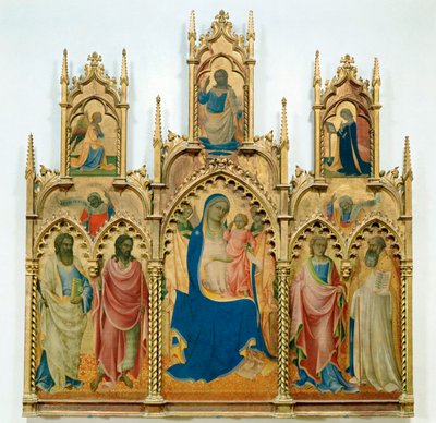 Madonna en kindje Jezus, heiligen; boven: Annunciatie (tempera op hout) door Lorenzo Monaco