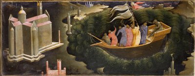 Voorstelling van Sint Nicolaas die de storm kalmeert Nicolaas van Myra (of Nicolaas van Bari) redt een boot van het zinken. Schilderij op hout door Lorenzo Monaco (ca. 1370-ca. 1423/1424) Florence, Galleria dell
