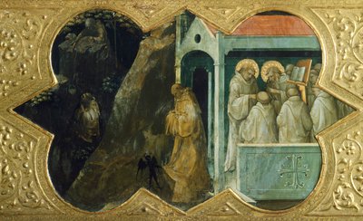 St. Benedictus verleid door de duivel en St. Bernardino in consistorie, detail van predella van Kroning van de Maagd door Lorenzo Monaco (1370-1423), tempera op paneel, 450x350 cm, polyptiek voor hoogaltaar van klooster van Santa Maria degli Angeli, Floren door Lorenzo Monaco