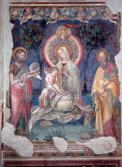 Maagd met kind omringd door de apostel Jacobus en Johannes de Doper door Lorenzo Salimbeni