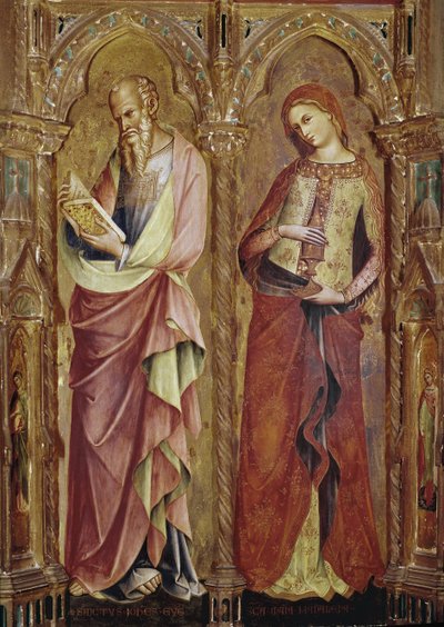 Sint Johannes de Evangelist en Sint Maria Magdalena - Detail van het polyptiek van de Annunciatie (1357, tempera en bladgoud op hout) door Lorenzo Veneziano