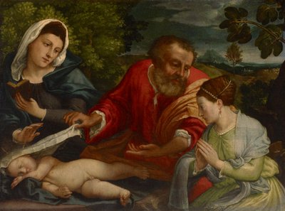De Heilige Familie met een donatrice als Sint-Catharina van Alexandrië door Lorenzo attr. to Lotto