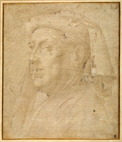 Borstbeeld van een man met een kap door Lorenzo di Credi