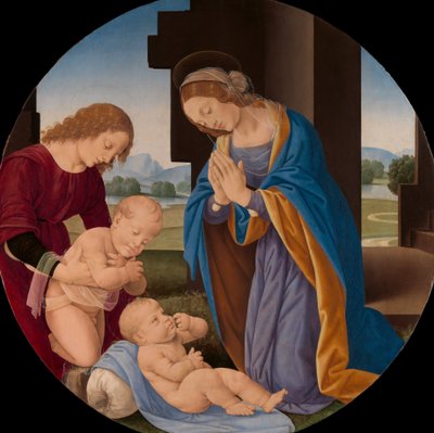 Madonna aanbidt het kind met de jonge Johannes de Doper en een engel door Lorenzo di Credi