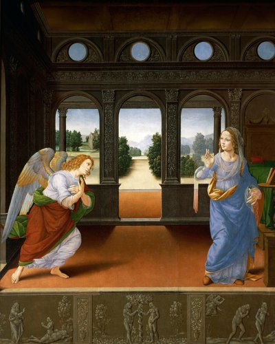 De Annunciatie en drie verhalen uit Genesis c.1480-85 door Lorenzo di Credi