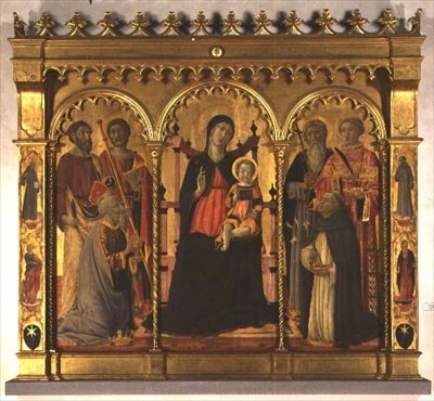 Madonna en kind op de troon met heiligen (drieluik) door Lorenzo di Pietro Vecchietta