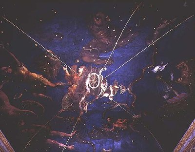 De godin Diana in haar wagen omringd door voorstellingen van de tekens van de dierenriem uit de Sala dello Zodiaco door Lorenzo the Younger Costa