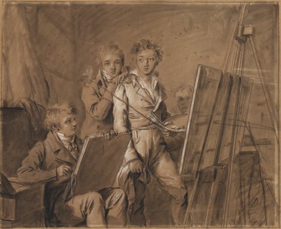 Drie jonge kunstenaars in een atelier door Louis Leopold Boilly