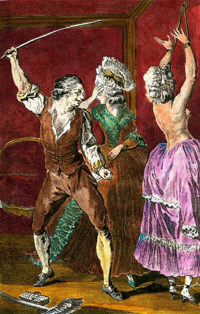 Erotiek: leden van de adel die zich overgeven aan sadomasochistische genoegens, een man geselt een vastgebonden vrouw. Gravure door Leroy naar een tekening van Louis Binet (1744-1800) voor De Verdorven Boer door Restif de la Bretonne (1734-1806) 1775 door Louis (after) Binet