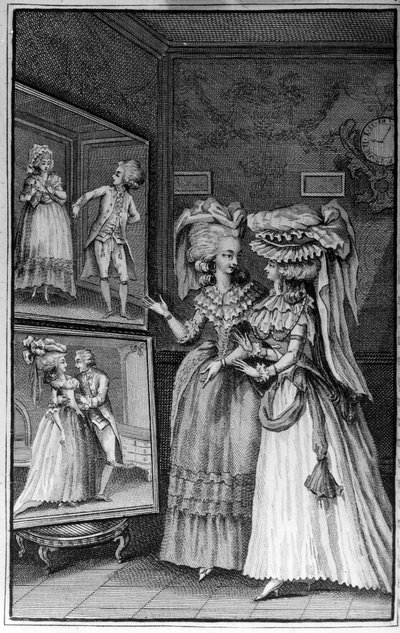 Illustratie door Louis Binet (1744-1800) voor het boek van Nicolas Edme Restif de La Bretonne "Les Parisiennes", of XL Algemene Karakters Genomen in de Moderne Moors, geschikt om te dienen als instructie voor de Persoon-du-Sexe, getrokken uit de memoires v door Louis (after) Binet