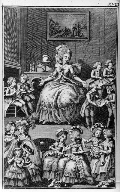 Illustratie door Louis Binet (1744-1800) voor het boek van Nicolas Edme Restif de La Bretonne "Les Parisiennes", of XL Algemene Karakters Genomen in de Moderne Moors, geschikt om te dienen als instructie voor de Persoon-du-Sexe, getrokken uit de memoires v door Louis (after) Binet