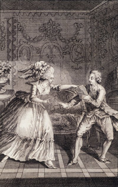 Le billet doux subtilisé (libertinage) - in "Les françaises ou 34 voorbeelden gekozen in de huidige zeden geschikt om dochters, vrouwen, echtgenotes, moeders te leiden" door Restif de La Bretonne (1734-1806), ill. door Binet, Neufchâtel door Louis (after) Binet