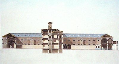 Doorsnede van de nieuwe gevangenis in Brussel, uit Choix des Monuments, Edifices et Maisons les plus remarquables du Royaume des Pays-Bas door Pierre Jacques Goetghebuer, gegraveerd door de auteur, gepubliceerd 1827 door Louis (after) Damesme