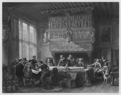 De krijgsraad in Kortrijk, van het schilderij in de Vernon Gallery door Louis (after) Haghe