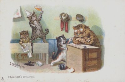 Katten in een klaslokaal: de leraar dut en de leerlingen misdragen zich door Louis (after) Wain