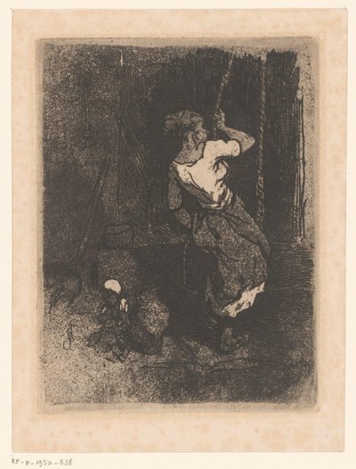 Vrouw haalt water uit een put, naast haar een zittend kind door Louis Adolphe Hervier (attributed to)