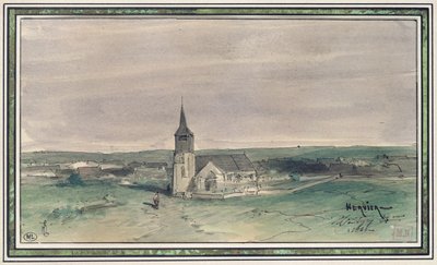 Kerk en dorp in het midden van een veld, Montigny, 1866 door Louis Adolphe Hervier