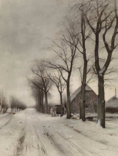 Winterlandschap met boerderij aan een laan door Louis Apol