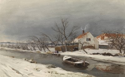 Winterlandschap met huizen en een kanaal. 1874 door Louis Apol