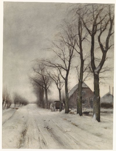 Winterlandschap met boerderij aan een laan door Louis Apol