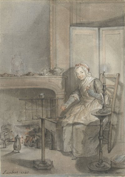 Interieur met een wolkluwende jonge vrouw door Louis Aubert