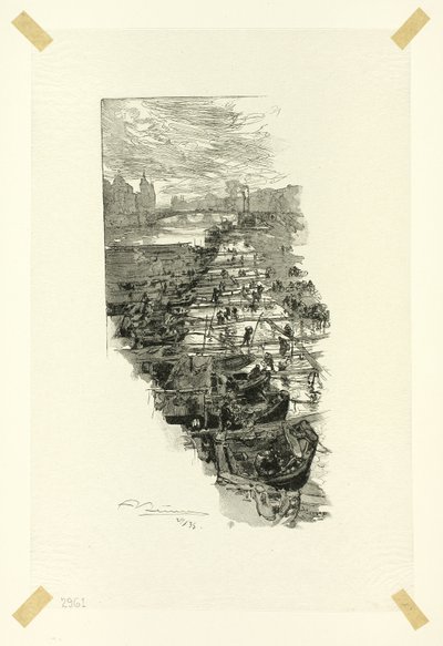 Appelmarkt, gezien vanaf de Pont Louis-Philippe, plaat zeven uit Le Long de la Seine et des Boulevards door Louis Auguste Lepère
