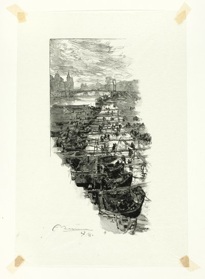Appelmarkt, gezien vanaf de Pont Louis-Philippe, plaat zeven uit Le Long de la Seine et des Boulevards door Louis Auguste Lepère