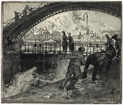 Houtblok voor sluis van het Canal Saint-Martin door Louis Auguste Lepère