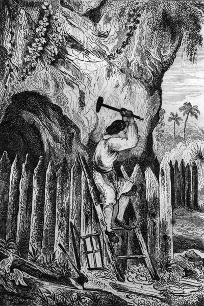 Ik plantte tien rijen palissaden. Gravure naar de tekening van M. de Sainson voor het boek van Daniel Defoe 