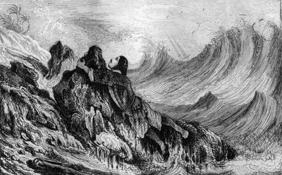 Ik besloot me aan een rots vast te maken... gravure naar de tekening van M. de Sainson voor het boek van Daniel Defoe 
