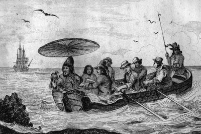 Dus verliet ik mijn eiland, gravure naar de tekening van M. de Sainson voor het boek van Daniel Defoe 