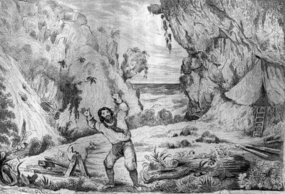 Drie keer beefde de grond onder mijn voeten, gravure naar de tekening van M. de Sainson voor het boek van Daniel Defoe 