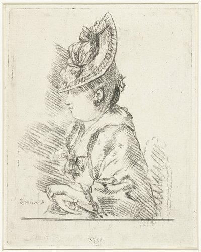 Portret van een jonge dame met hoed in profiel naar links door Louis Bernard Coclers