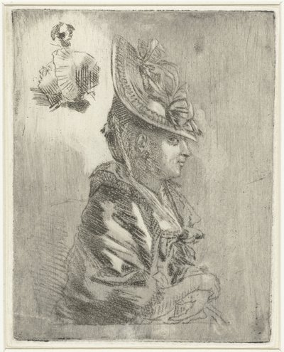 Studieblad met het portret van een jonge vrouw met hoed en twee kleinere portretten door Louis Bernard Coclers