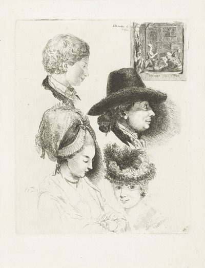 Studieblad met portretten van Louis Bernard Coclers en zijn familie door Louis Bernard Coclers