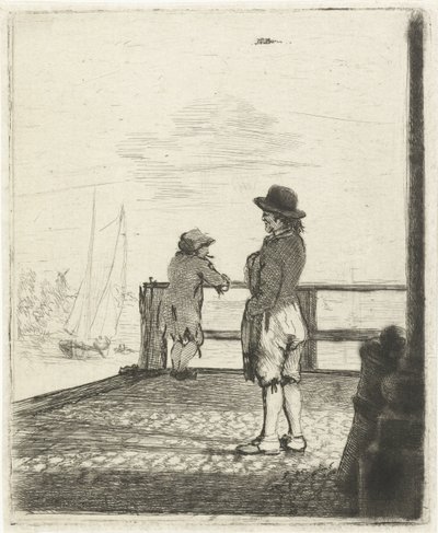 Twee matrozen wachten in de haven door Louis Bernard Coclers