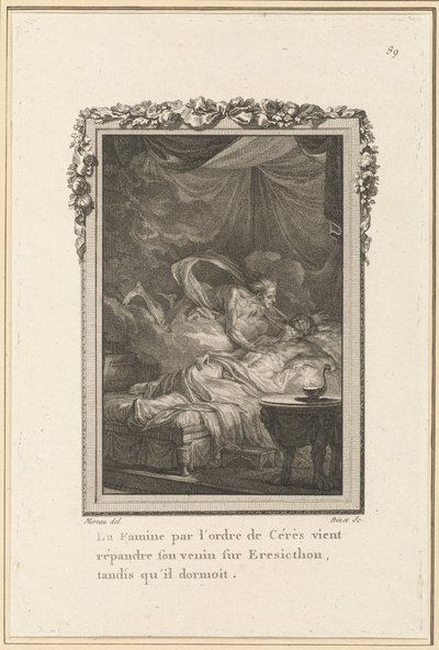 De hongersnood door het bevel van Ceres komt zijn gif verspreiden over Eresicthon, terwijl hij sliep door Louis Binet after Jean Michel Moreau