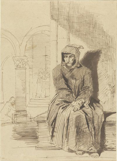 Zittende monnik, in overpeinzing, terwijl op de achtergrond de mis wordt gecelebreerd door Louis Boulanger