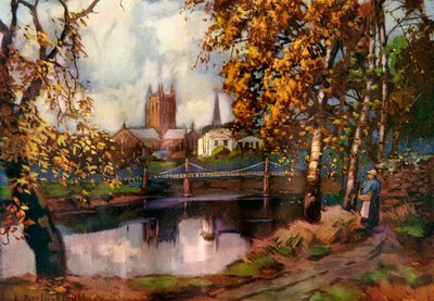 Hereford Cathedral, vanaf de rivierwandeling, Herefordshire, 1924-1926 door Louis Burleigh Bruhl