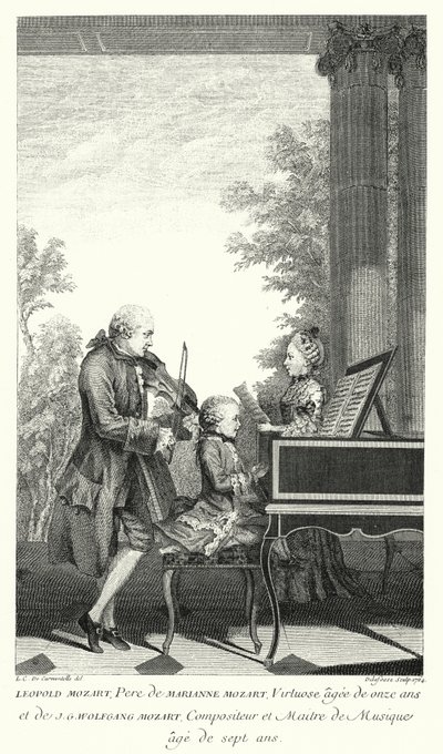 Leopold Mozart speelt muziek met zijn dochter Marianne en zoon Wolfgang (gravure) door Louis Carrogis (after) Carmontelle